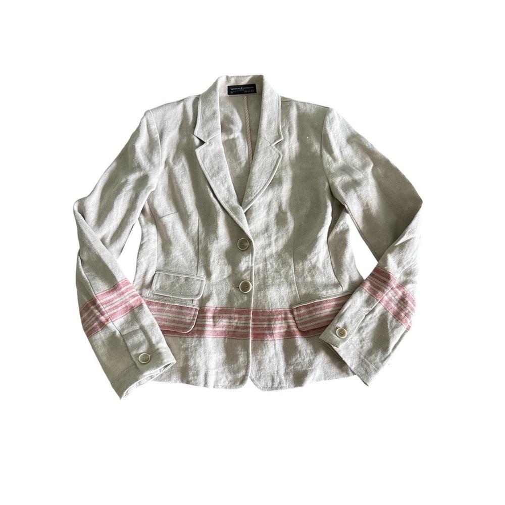 Peruvian Connection Linen‎ Blazer Size 8 Beige With Pink Stripes Structured USA